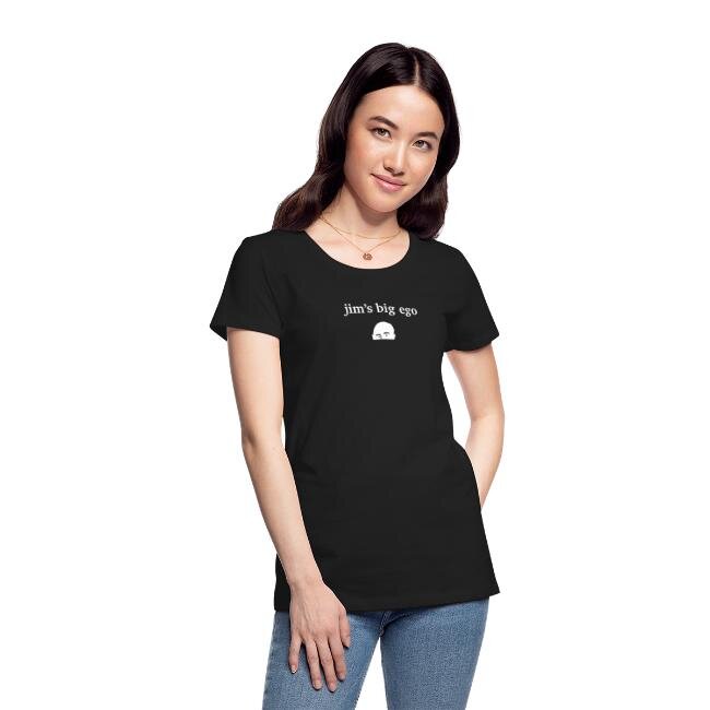 young female model with jims big ego t shirt